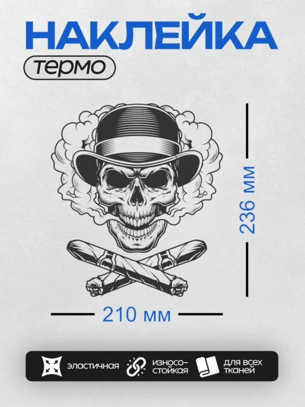 Термонаклейка на одежду DTF / Череп в шляпе, с сигарами и дымом.