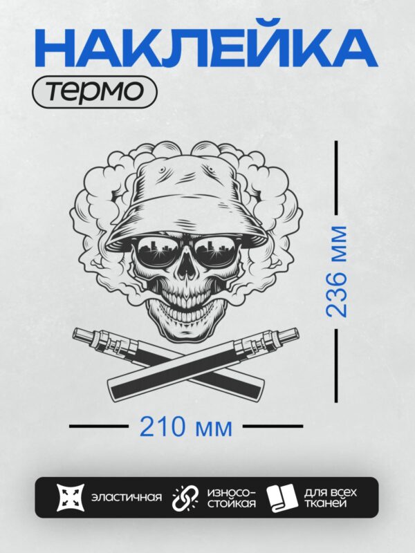 Термонаклейка на одежду DTF / Череп в панаме, очки, дым, вейпы.
