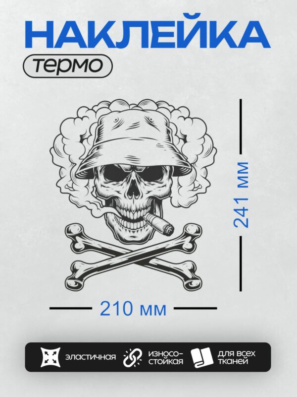 Термонаклейка на одежду DTF / Череп в панаме, с сигаретой, дым, кости.