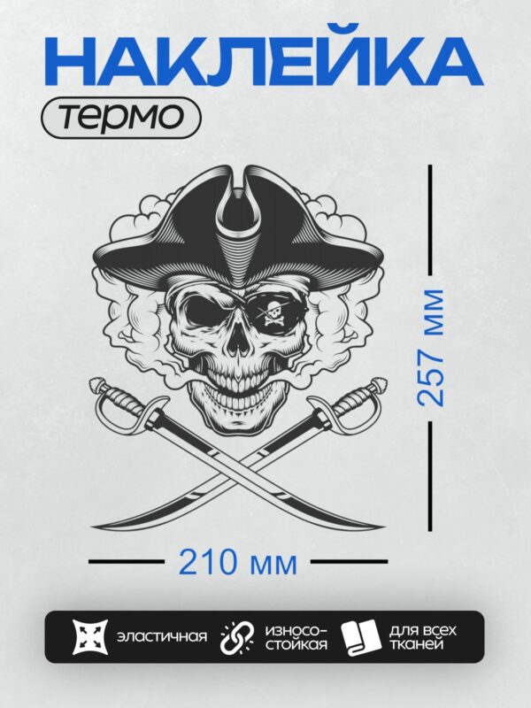 Термонаклейка на одежду DTF / Череп в треуголке, скрещённые мечи, дым.