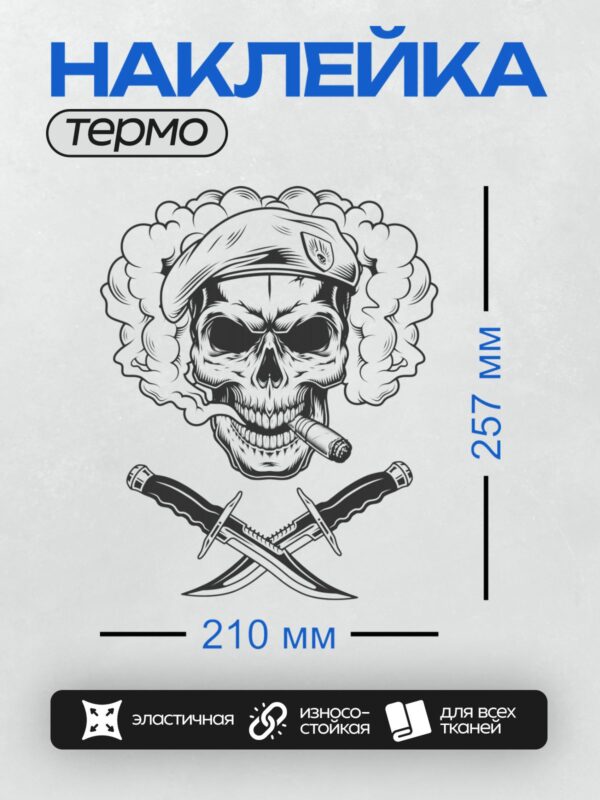 Термонаклейка на одежду DTF / Череп в берете, сигара, дым, скрещённые ножи.