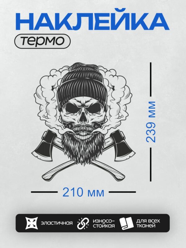 Термонаклейка на одежду DTF / Череп в шапке, с бородой, топоры, дым.