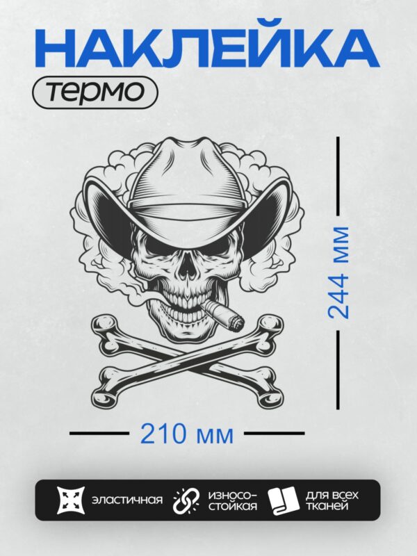 Термонаклейка на одежду DTF / Череп в ковбойской шляпе, с сигарой и костями.