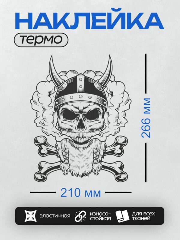 Термонаклейка на одежду DTF / Череп викинга в шлеме с рогами и скрещёнными костями.