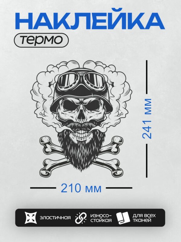 Термонаклейка на одежду DTF / Череп байкера с бородой, очками, дымом и костями.