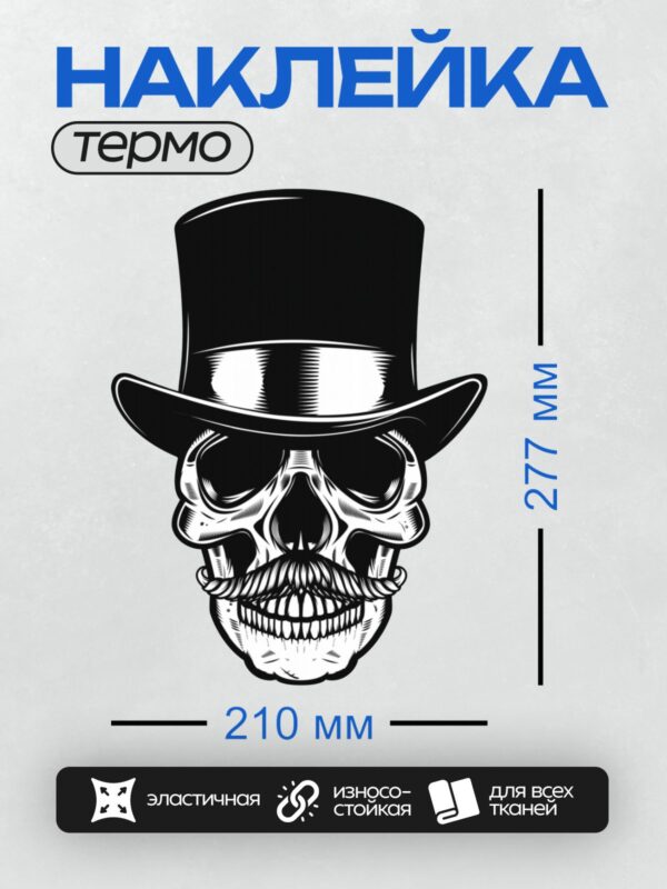 Термонаклейка на одежду DTF / Череп в цилиндре с густыми черными усами.
