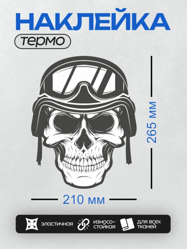 Термонаклейка на одежду DTF / Череп в шлеме с очками, стилизованный под байкера.