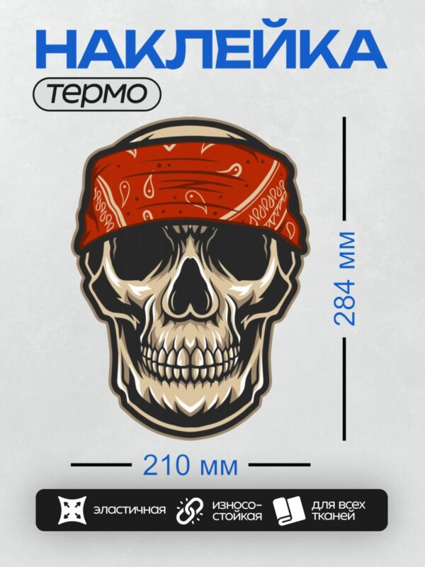 Термонаклейка на одежду DTF / Череп в красной бандане с узором пейсли.