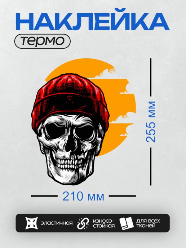 Термонаклейка на одежду DTF / Череп в красной шапке на фоне заката.