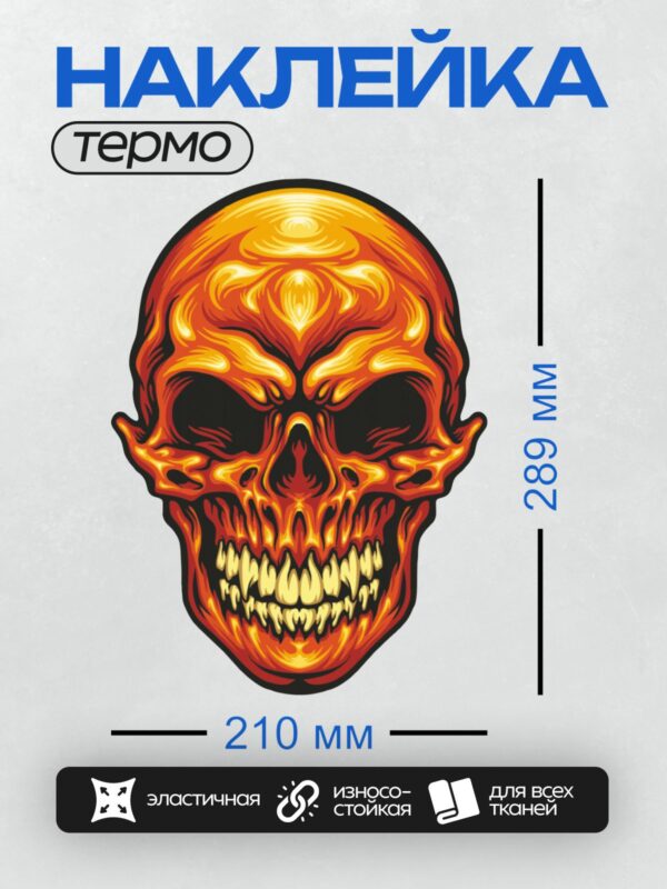 Термонаклейка на одежду DTF / Огненный череп с яркими пламенем и острыми зубами.