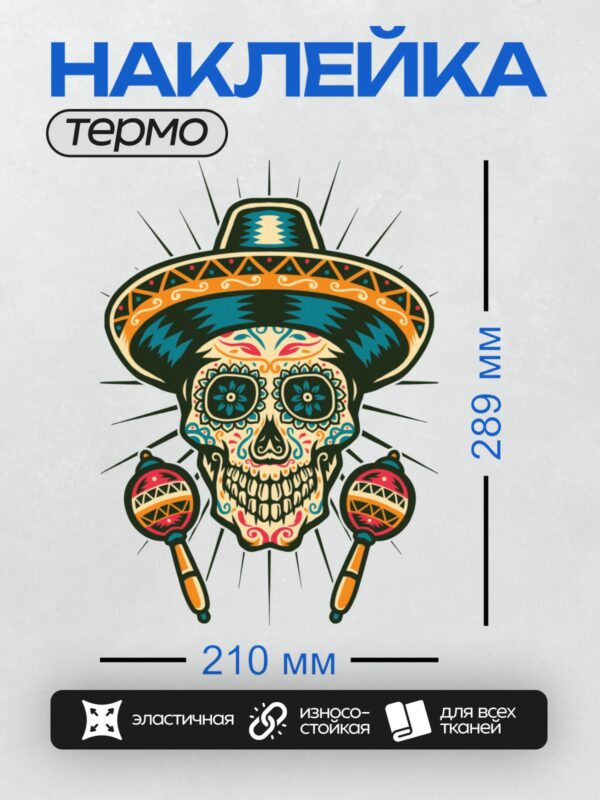 Термонаклейка на одежду DTF / Мексиканский череп в сомбреро с маракасами.