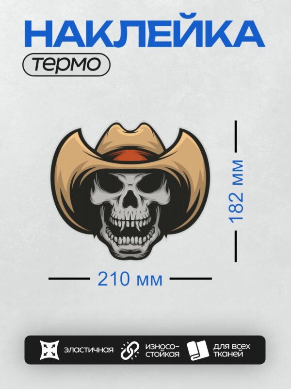 Термонаклейка на одежду DTF / Череп в ковбойской шляпе с яркими зубами.