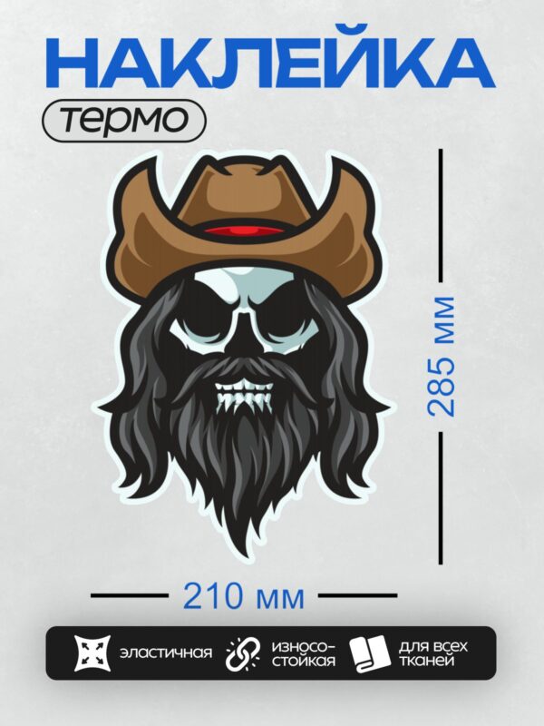 Термонаклейка на одежду DTF / Стилизованный череп в ковбойской шляпе с бородой.