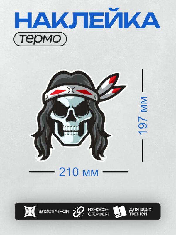 Термонаклейка на одежду DTF / Череп с длинными волосами, повязкой и красными перьями.