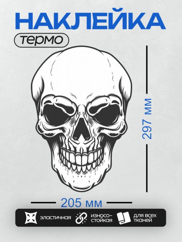 Термонаклейка на одежду DTF / Черно-белый череп с четкими линиями и деталями.