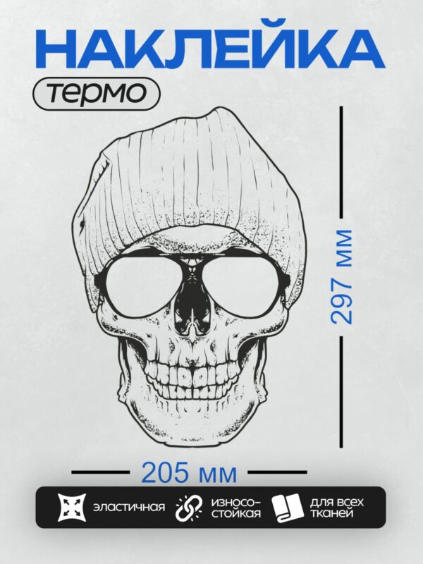 Термонаклейка на одежду DTF / Череп в шапке и очках, стилизованный рисунок.