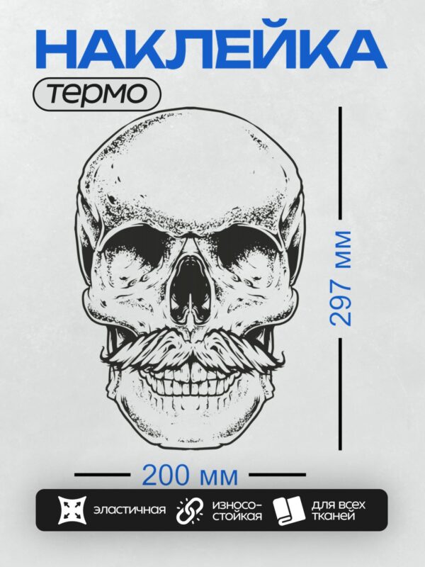 Термонаклейка на одежду DTF / Стилизованный череп с усами в черно-белом стиле.