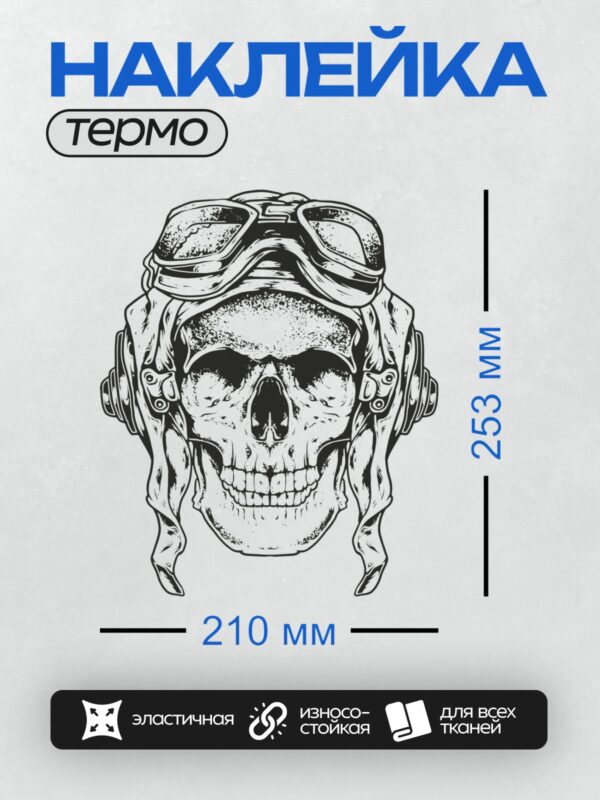 Термонаклейка на одежду DTF / Череп в шлеме летчика с очками, стилизованный.