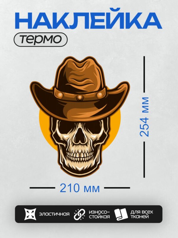 Термонаклейка на одежду DTF / Череп в ковбойской шляпе на ярком фоне.
