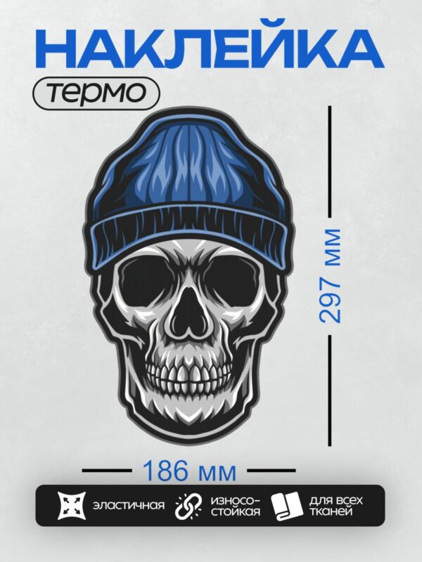 Термонаклейка на одежду DTF / Стилизованный череп в синей шапке.