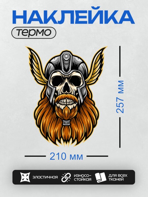 Термонаклейка на одежду DTF / Череп викинга в шлеме с бородой и крыльями.