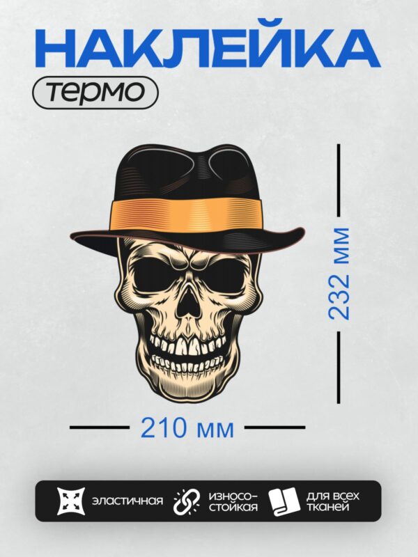 Термонаклейка на одежду DTF / Череп в гангстерской шляпе с оранжевой лентой.