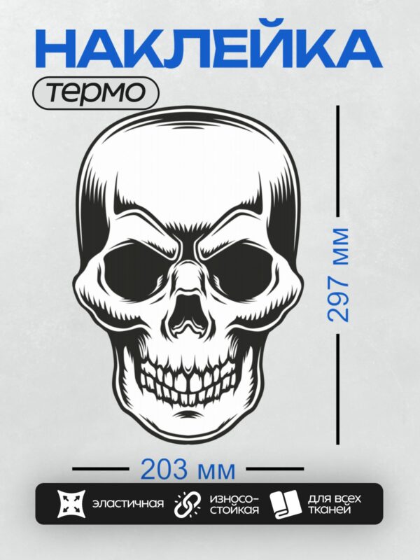 Термонаклейка на одежду DTF / Черно-белый стилизованный череп с четкими линиями.