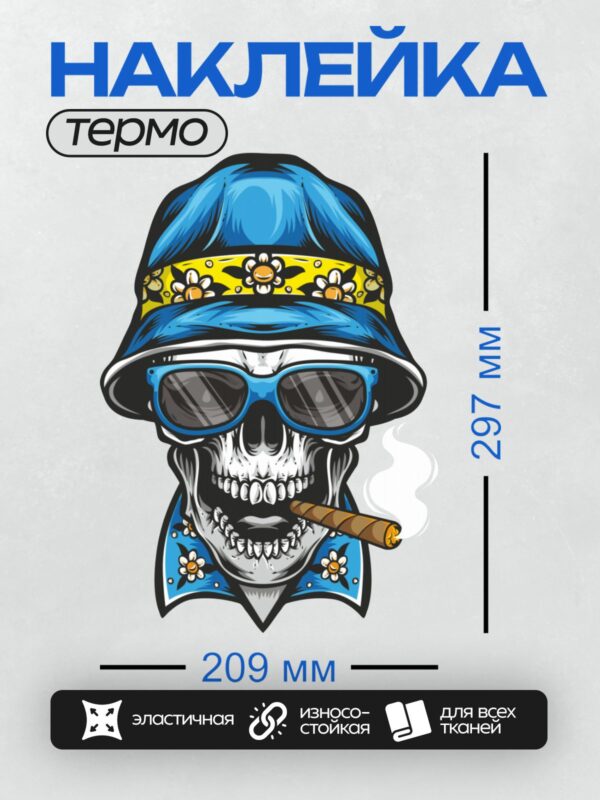 Термонаклейка на одежду DTF / Череп в синей панаме, очках и с сигарой.
