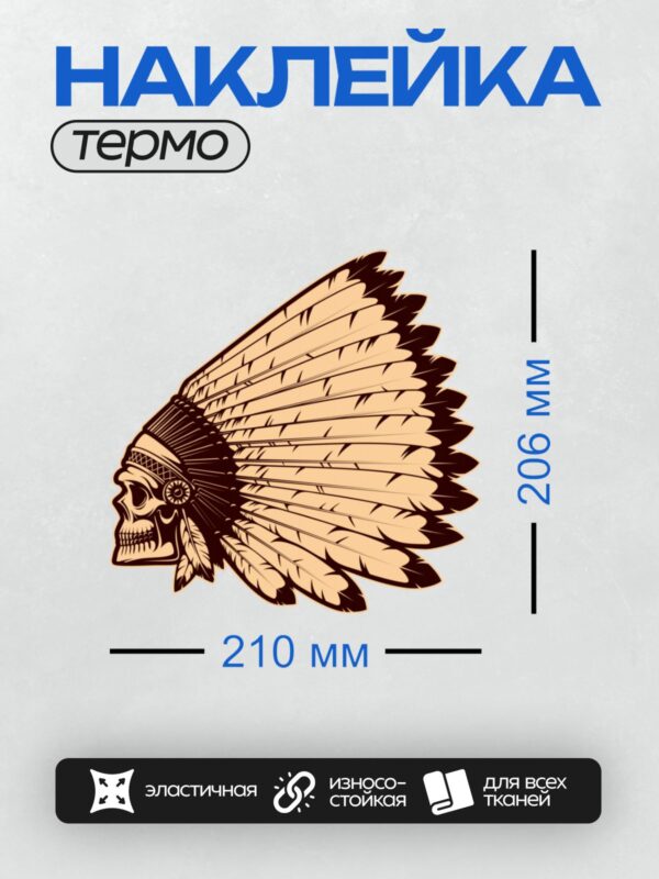 Термонаклейка на одежду DTF / Череп в головном уборе из перьев, стилизованный рисунок.
