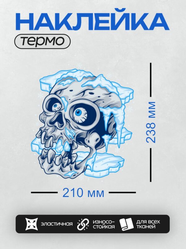 Термонаклейка на одежду DTF / Ледяной череп с голубыми глазами и кристаллами льда.
