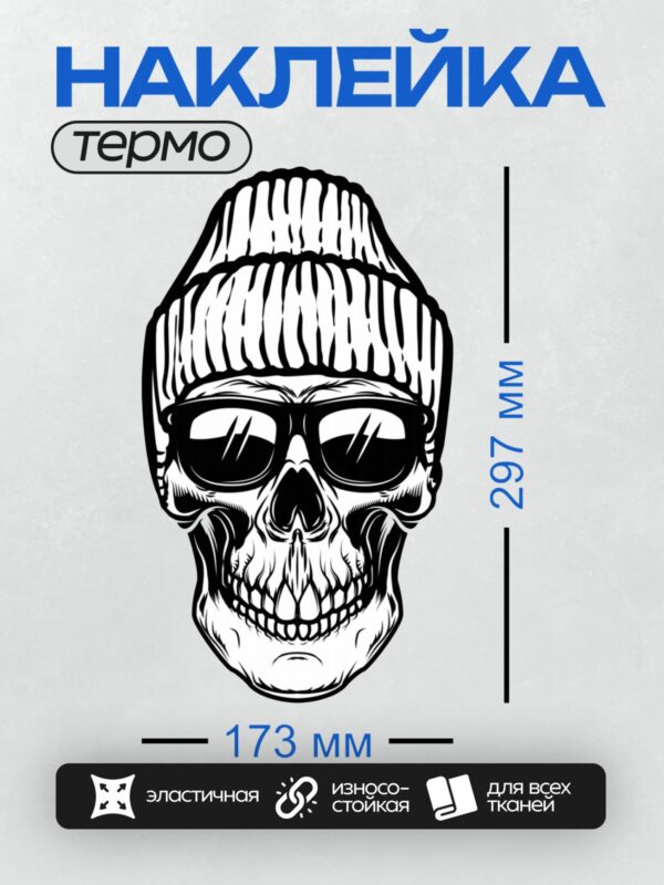 Термонаклейка на одежду DTF / Череп в шапке и очках, стилизованный, черно-белый.
