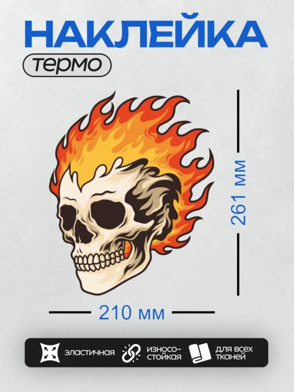 Термонаклейка на одежду DTF / Огненный череп с яркими языками пламени вокруг.