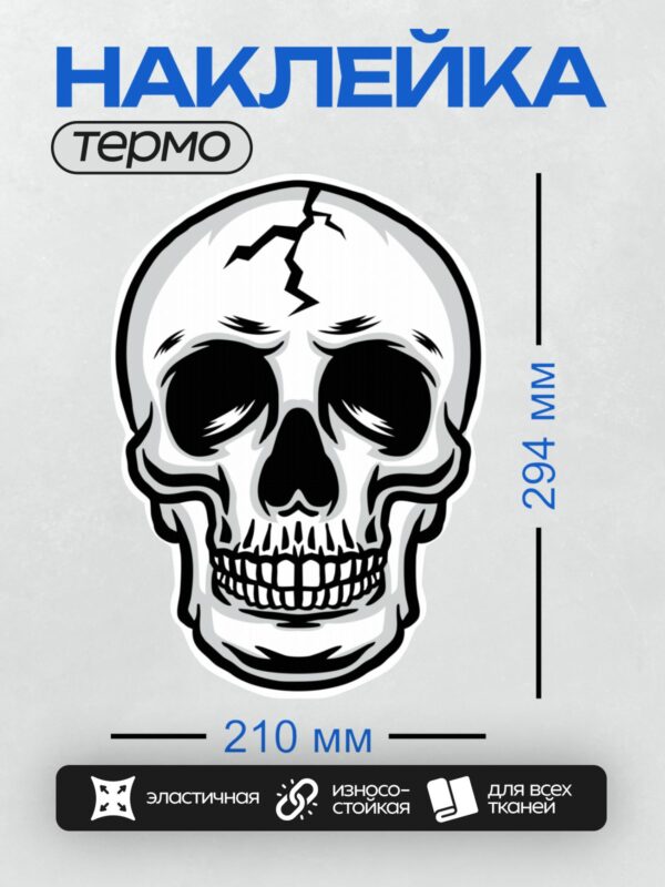 Термонаклейка на одежду DTF / Стилизованный череп с трещиной на лбу, черно-белый.