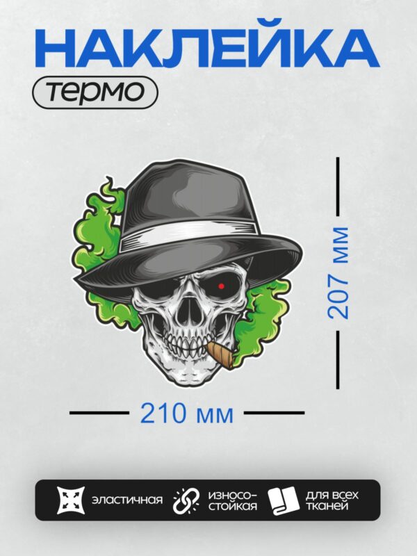 Термонаклейка на одежду DTF / Череп в шляпе с сигарой и красным глазом.