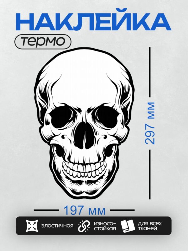 Термонаклейка на одежду DTF / Черно-белый стилизованный череп в векторном стиле.