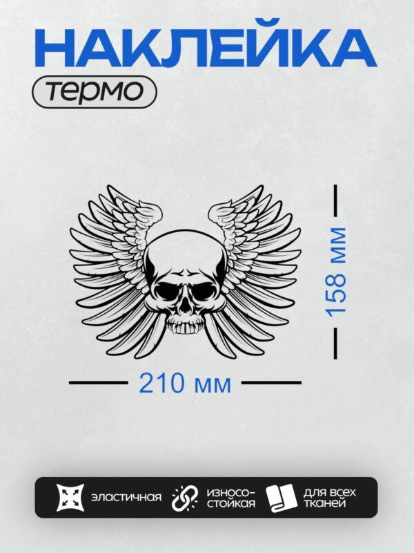 Термонаклейка на одежду DTF / Череп с крыльями, выполненный в графическом стиле.