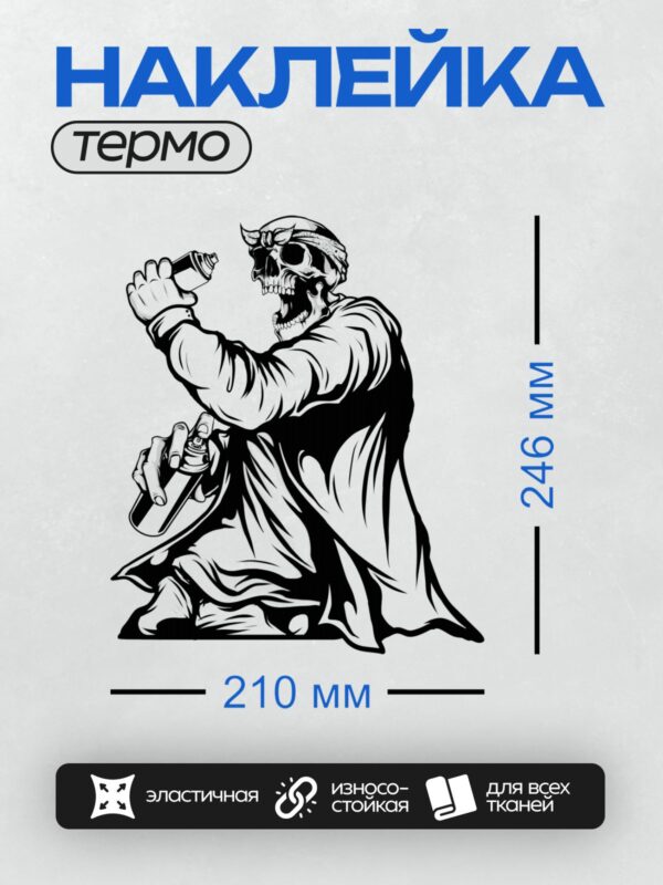 Термонаклейка на одежду DTF / Череп в бандане, держащий баллончики краски.