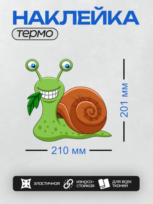 Термонаклейка на одежду DTF / Мультяшная улитка с коричневой раковиной и зелёным телом.
