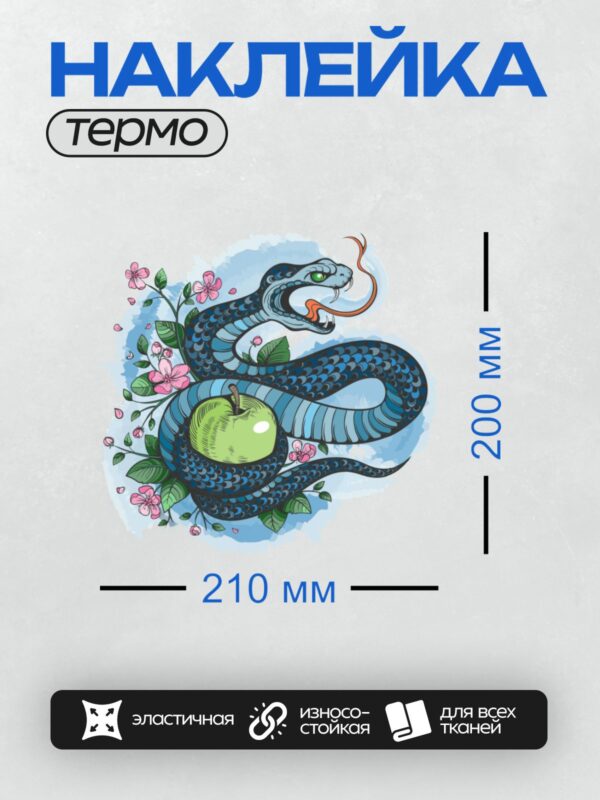 Термонаклейка на одежду DTF / Синяя змея с яблоком и цветами.