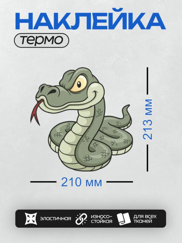 Термонаклейка на одежду DTF / Мультяшная зелёная змея с большими глазами и красным языком.