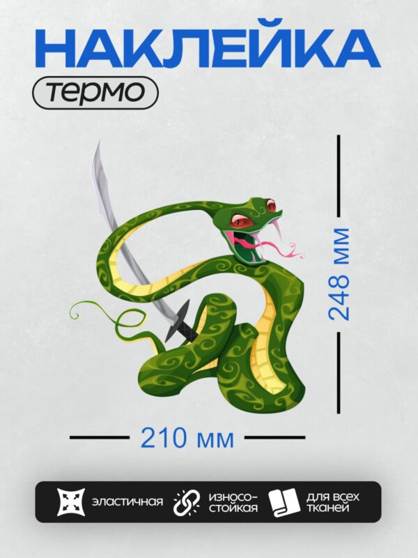 Термонаклейка на одежду DTF / Мультяшная змея с мечом, зелёная, с узором.