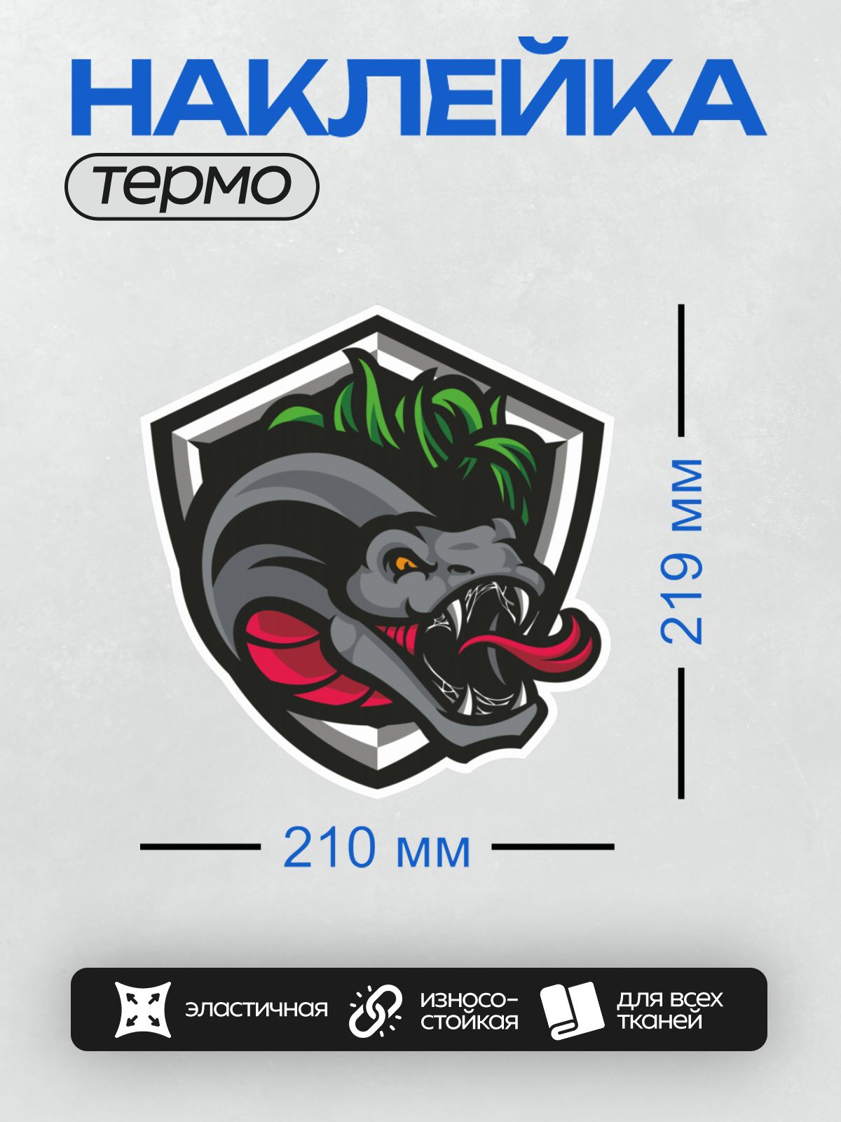 Термонаклейка на одежду DTF / Мультяшная змея с зелёными волосами на щите.