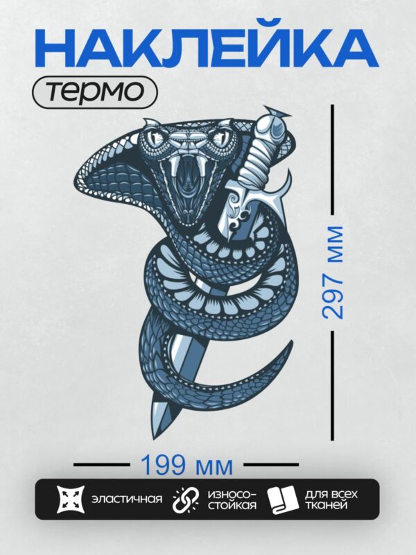 Термонаклейка на одежду DTF / Змея, обвивающая меч, в агрессивной позе.