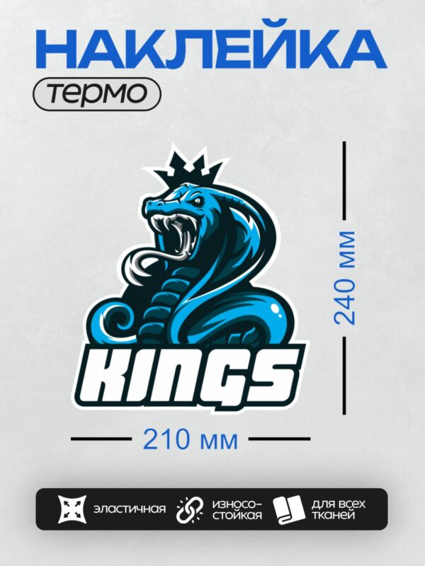 Термонаклейка на одежду DTF / Мультяшная кобра с короной и надписью "KINGS".