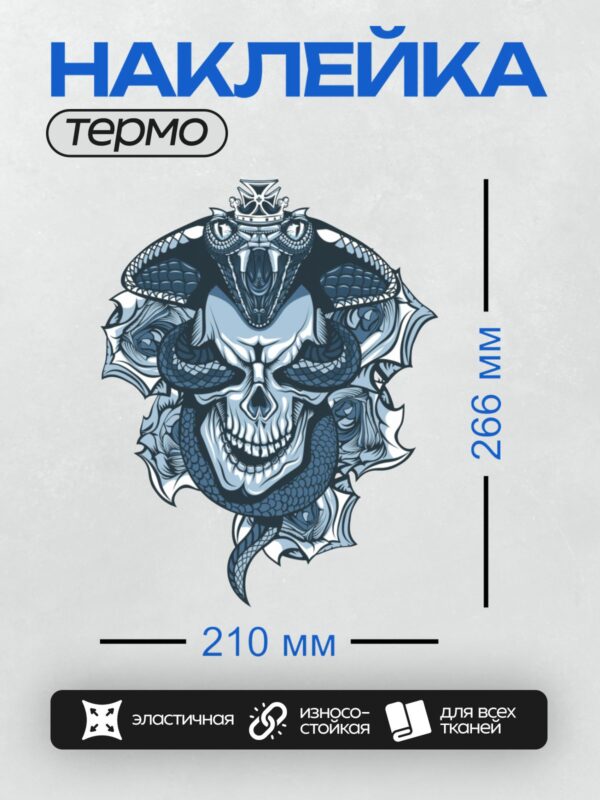Термонаклейка на одежду DTF / Череп, обвитый коброй с короной, в синих тонах.