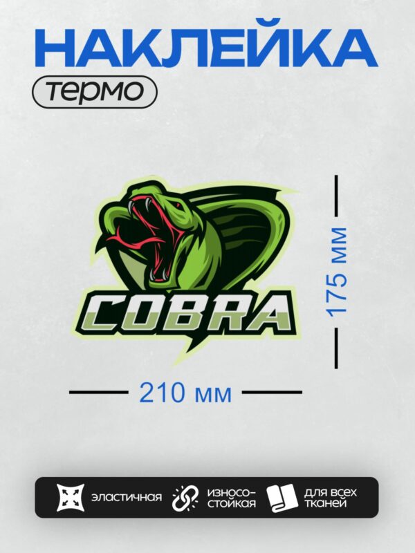 Термонаклейка на одежду DTF / Мультяшная кобра с раскрытым капюшоном и надписью "COBRA".