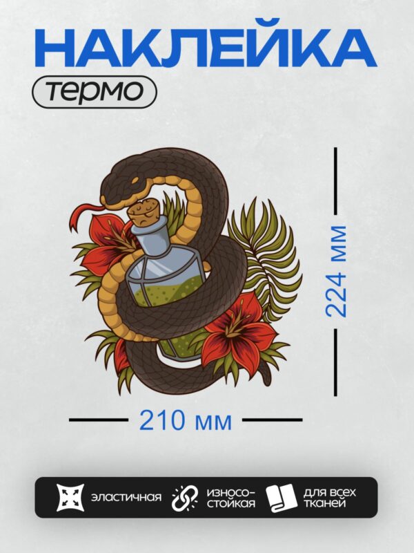 Термонаклейка на одежду DTF / Змея обвивает бутылку с ядом, окружённую цветами.