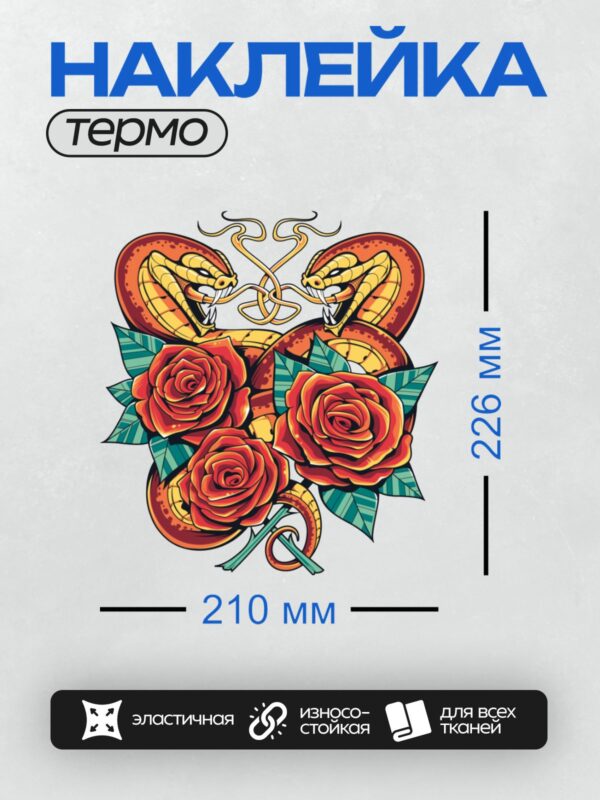 Термонаклейка на одежду DTF / Яркие розы, обвитые змеями, в стиле тату-эскиза.