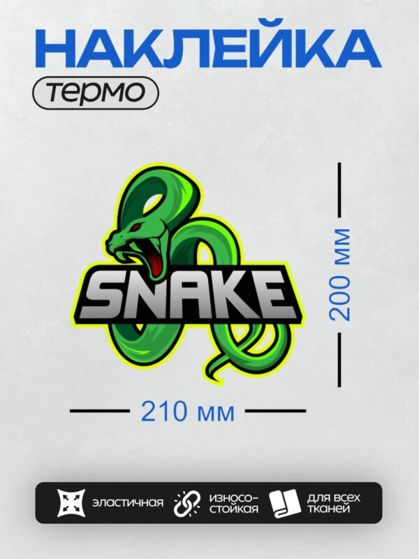 Термонаклейка на одежду DTF / Мультяшная зелёная змея с надписью "SNAKE".