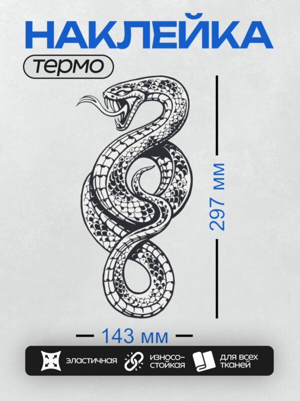 Термонаклейка на одежду DTF / Черно-белая змея в агрессивной позе, свернувшаяся кольцом.